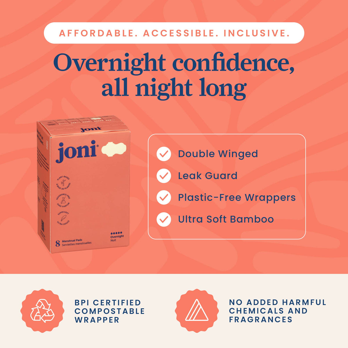 Toallas Sanitarias Nocturnas Joni de Bambú Orgánico – Flujo Abundante | 8 Unidades