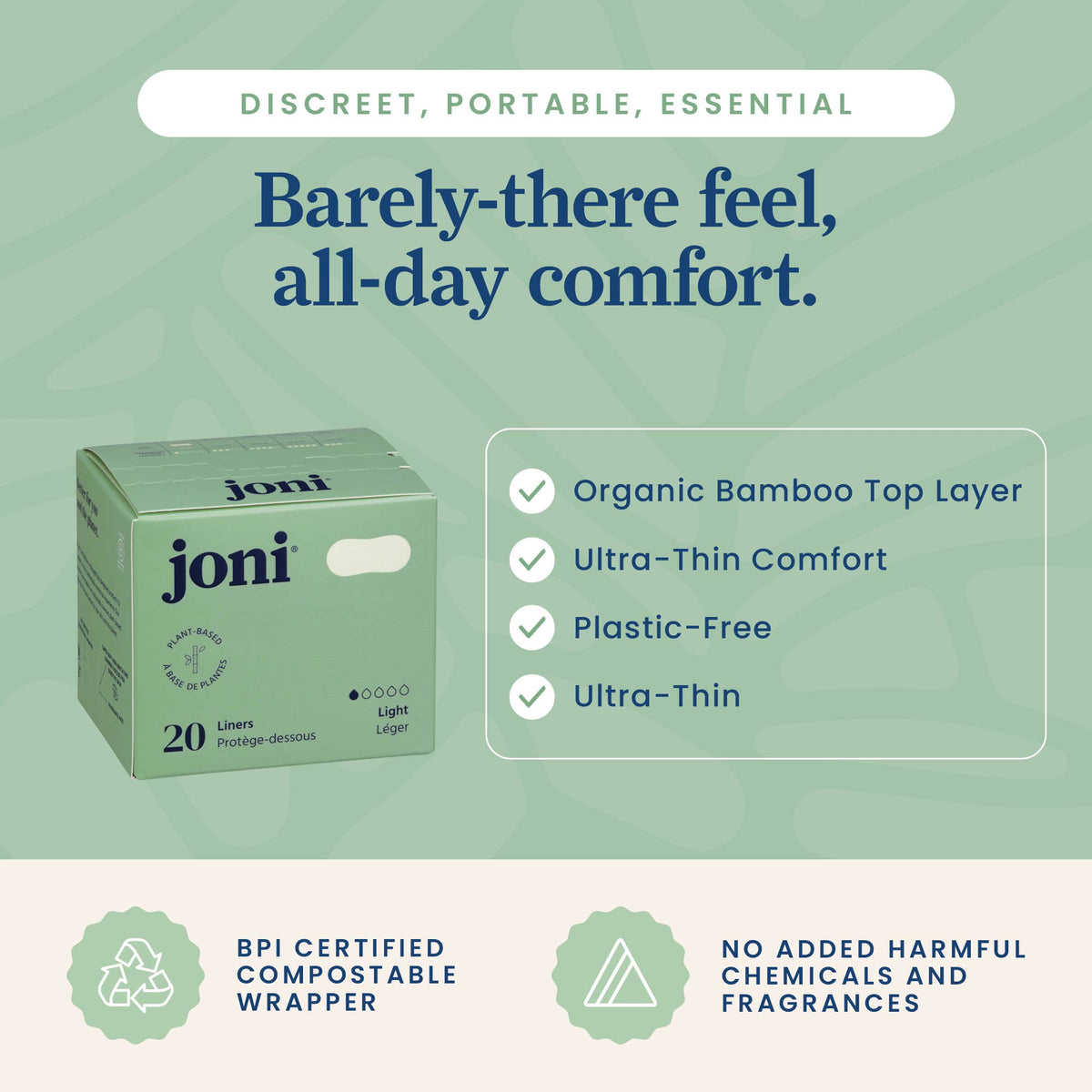 Protectores Diarios Joni de Bambú Orgánico – Sin Fragancia | 20 Unidades